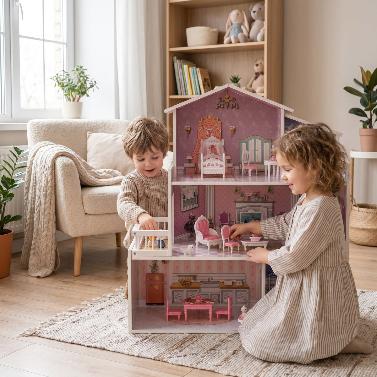 Montessori-poppenhuis van hout
