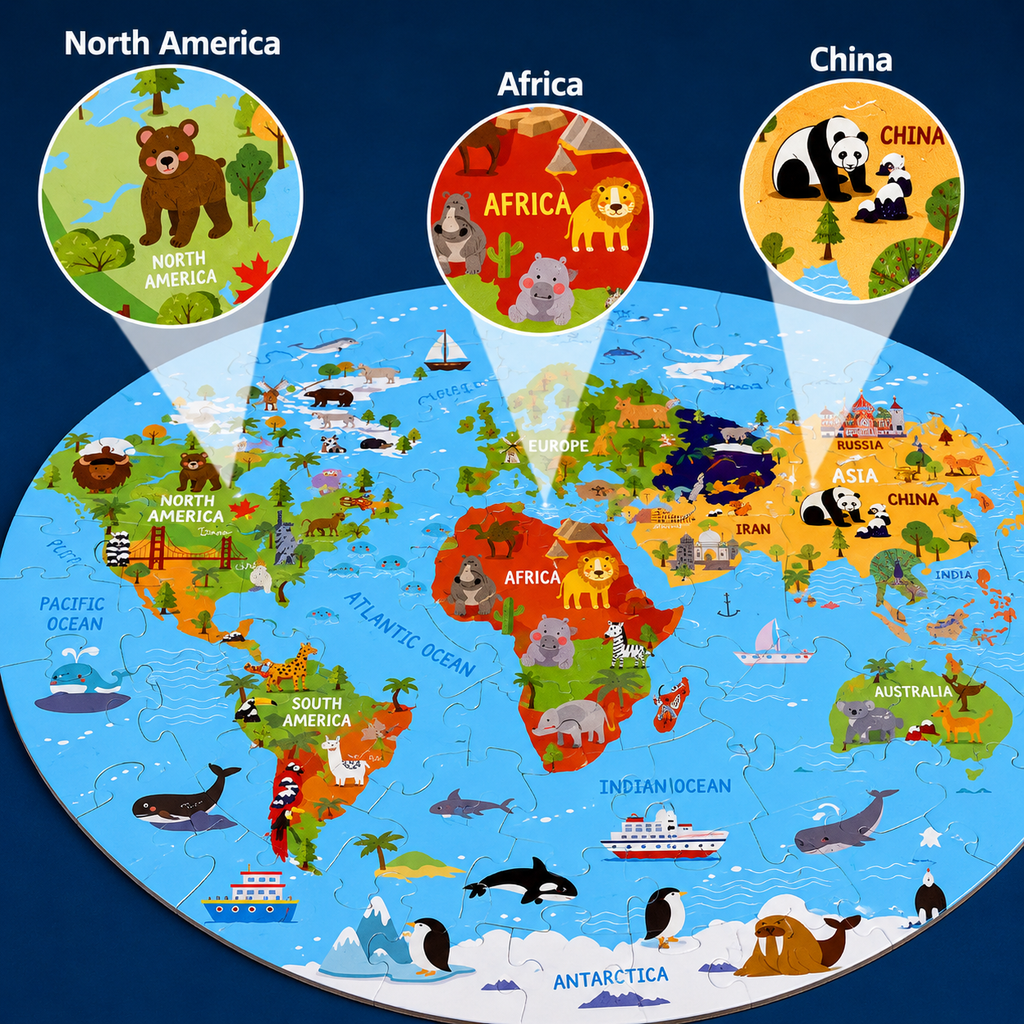 Wereldkaartpuzzel met dieren – 70 stukjes