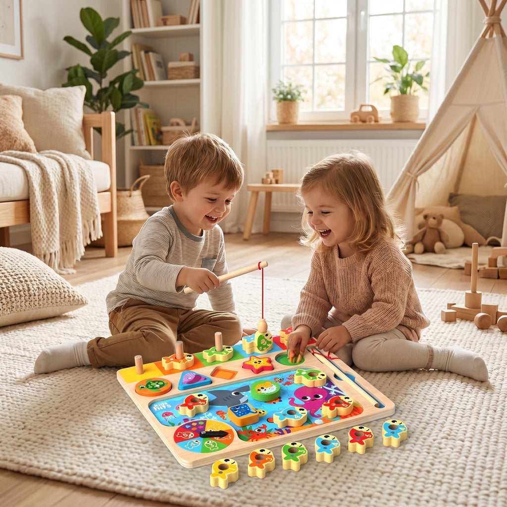 Montessori-houten visspel met kleursortering