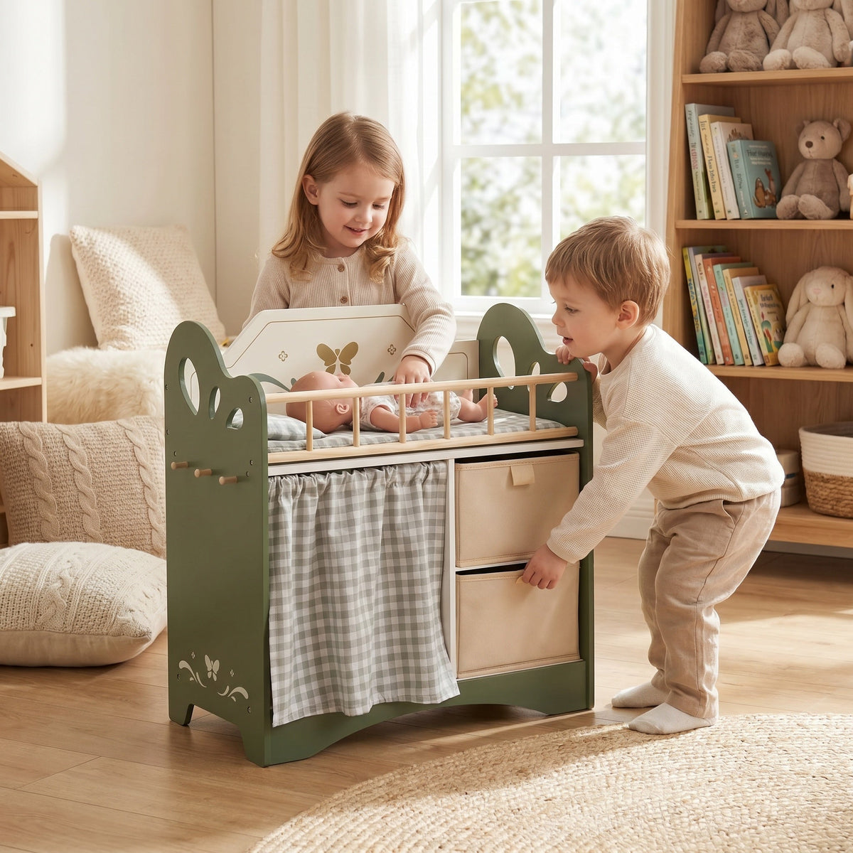 Montessori-poppenbed met kledingkast