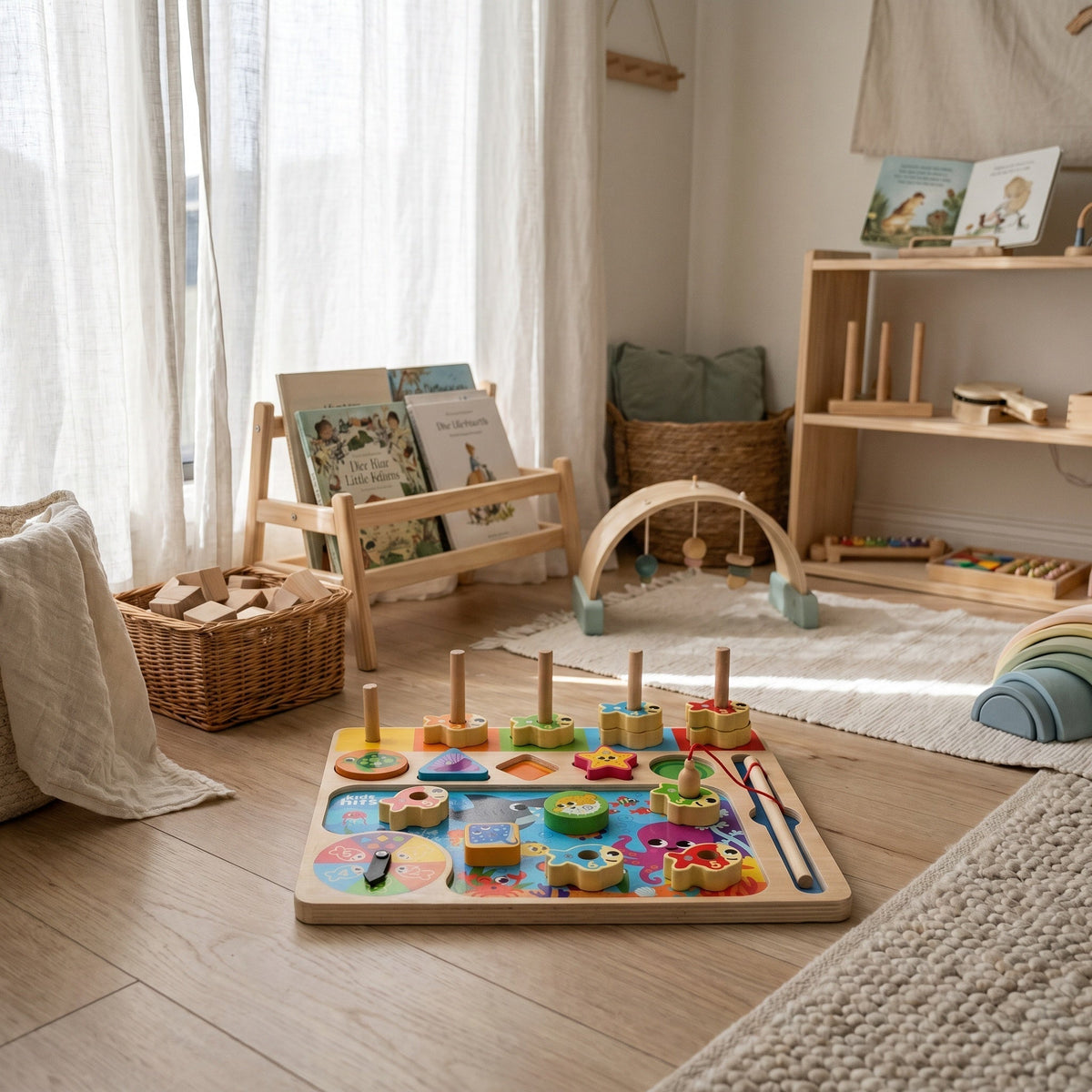 Montessori-houten visspel met kleursortering