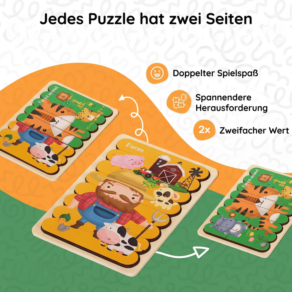 Dubbelzijdige Montessori-houten puzzels – los of 5-delige set
