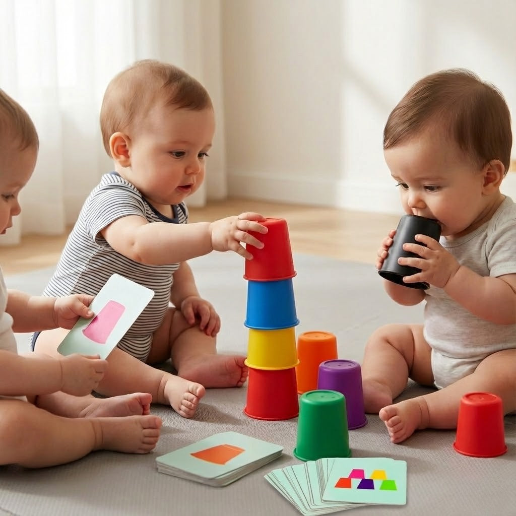 Montessori-bekersorteerspel met voorbeeldkaarten