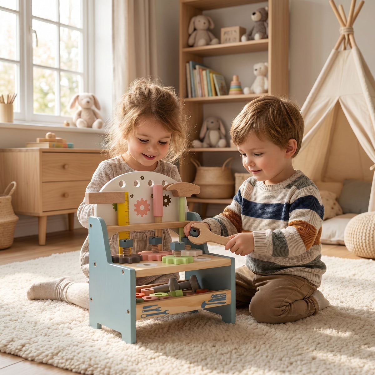 Montessori-miniwerkbank met gereedschap