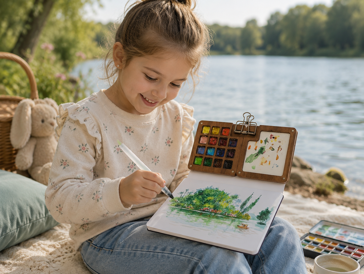Draagbare houten aquarelset