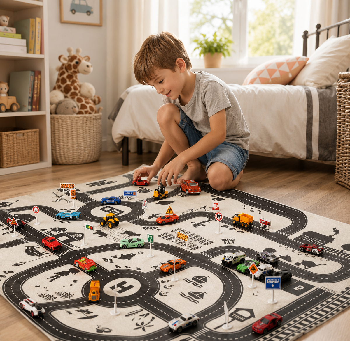 Montessori-verkeersspeelmat met auto's