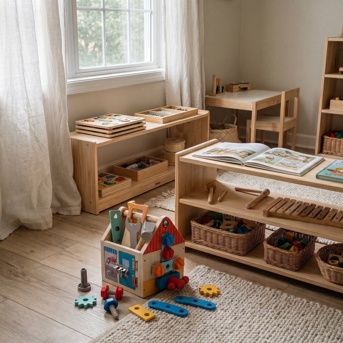 Montessori-gereedschapshuis met bouwonderdelen