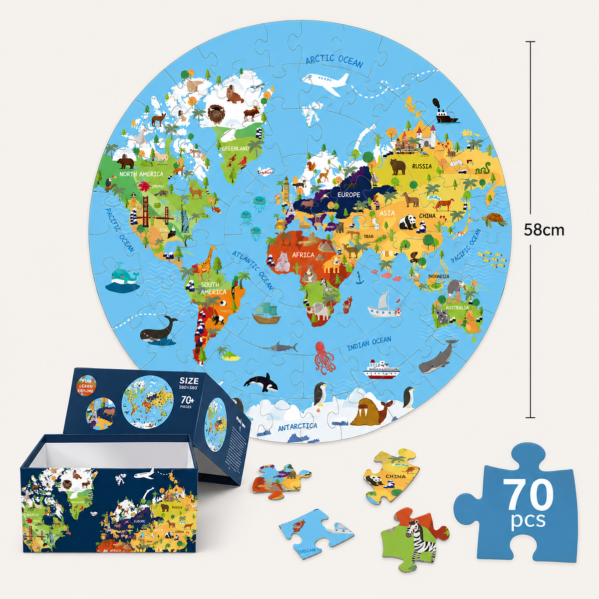 Wereldkaartpuzzel met dieren – 70 stukjes