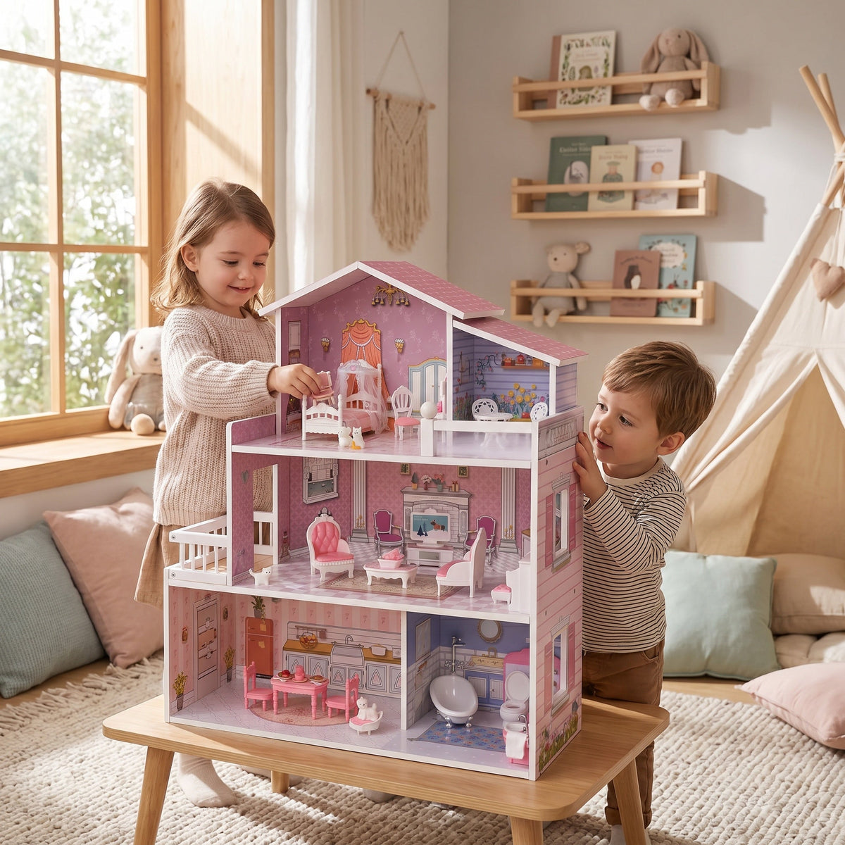 Montessori-poppenhuis van hout