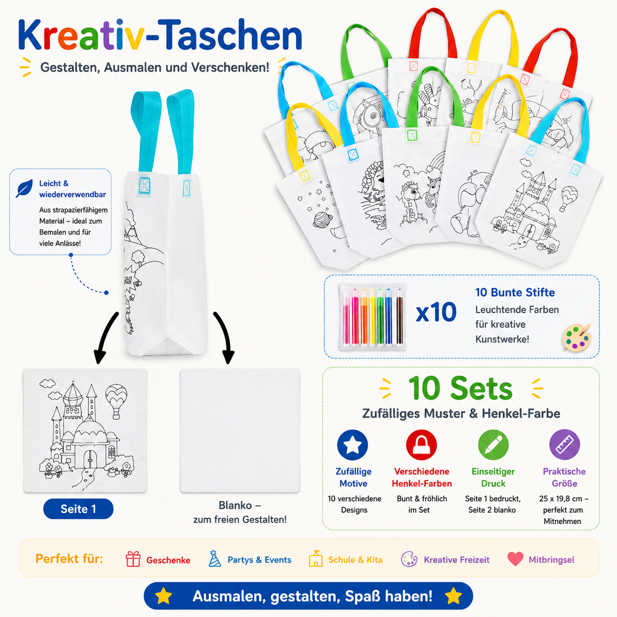 DIY-stoffen tassen om te beschilderen voor kinderen