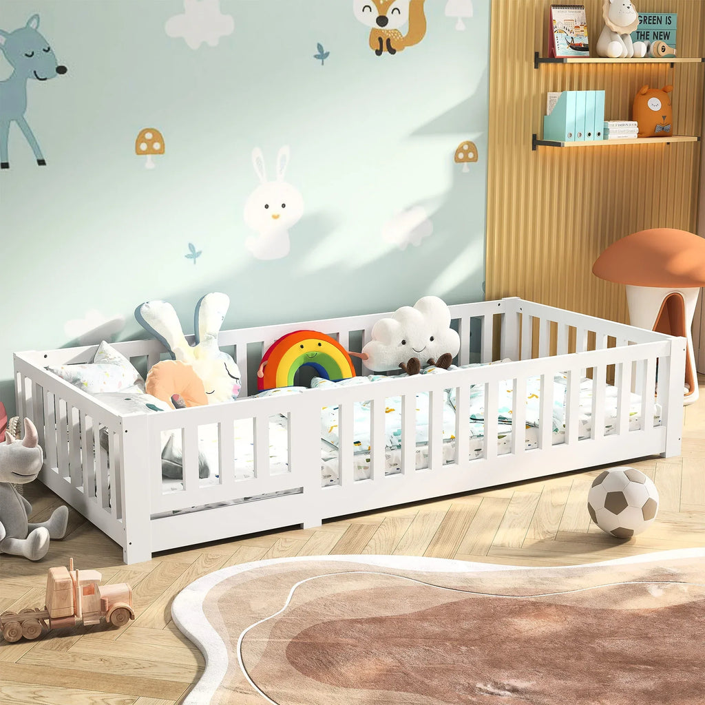 Montessori-vloerbed van wit massief hout