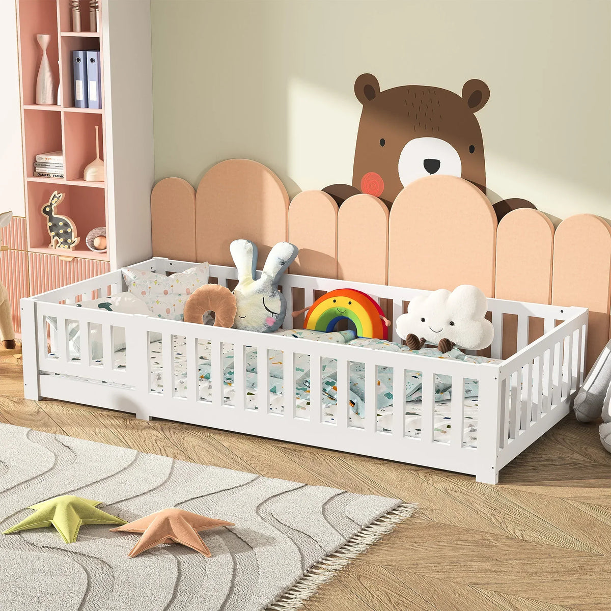 Montessori-vloerbed van wit massief hout