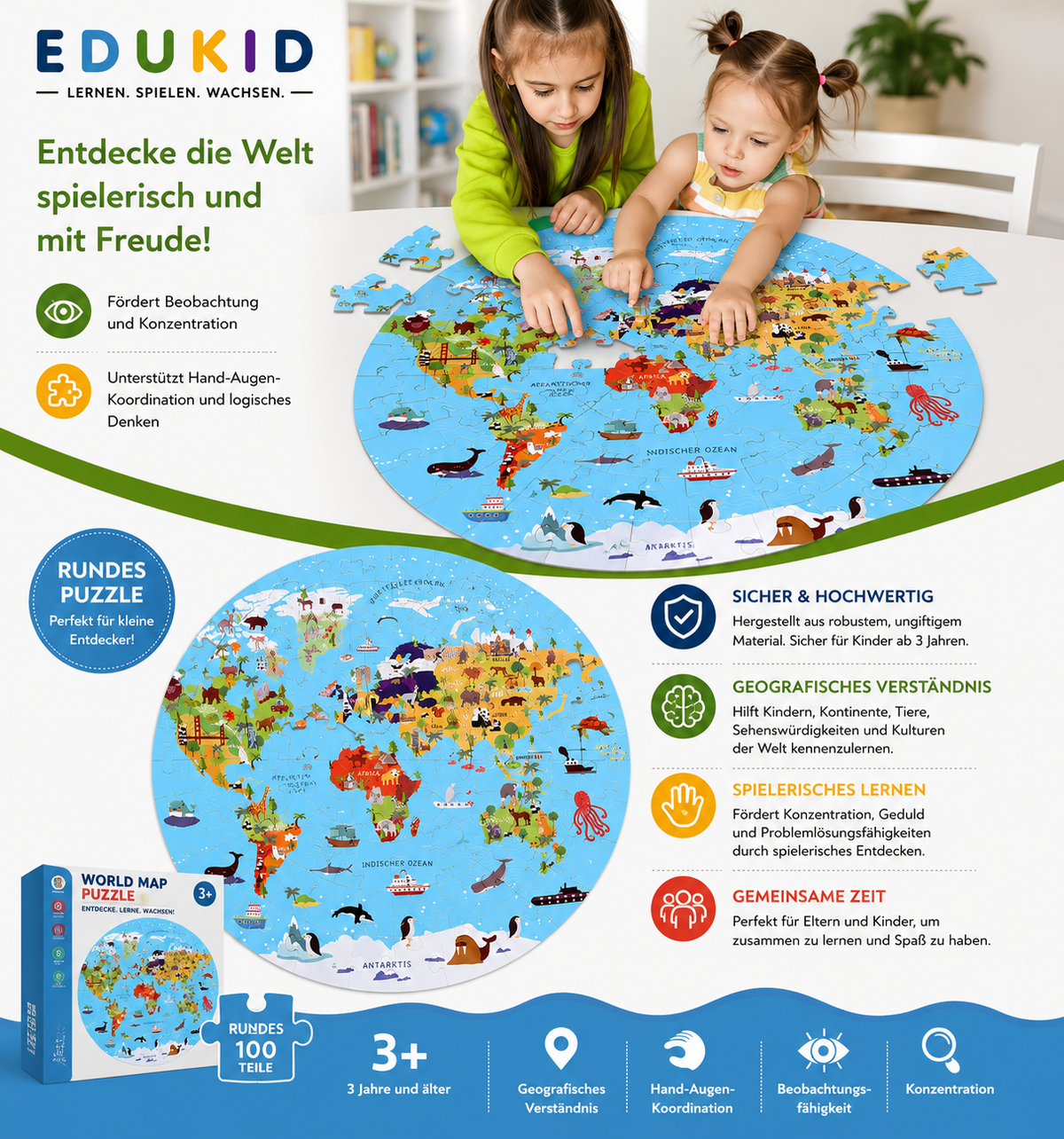 Wereldkaartpuzzel met dieren – 70 stukjes