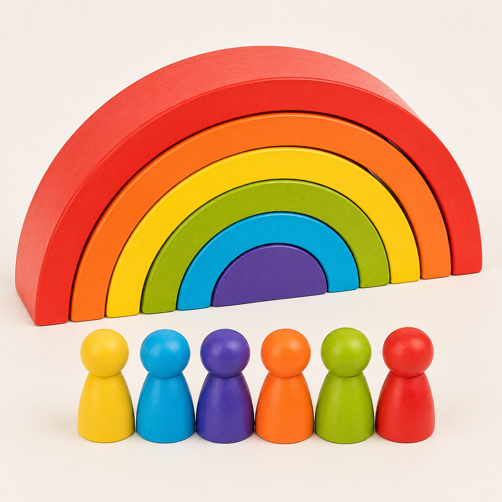 Montessori-houten regenboog met figuren