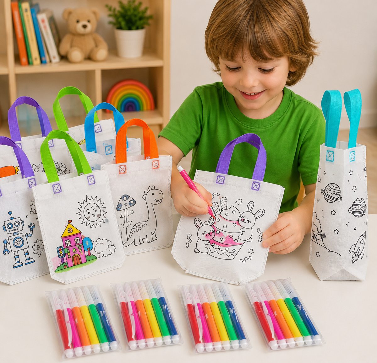 DIY-stoffen tassen om te beschilderen voor kinderen
