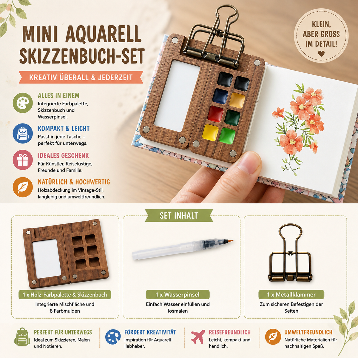 Draagbare houten aquarelset