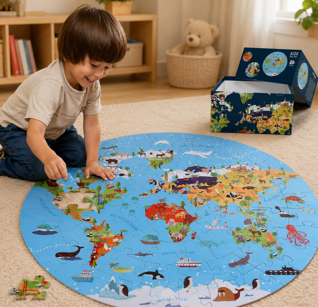 Wereldkaartpuzzel met dieren – 70 stukjes