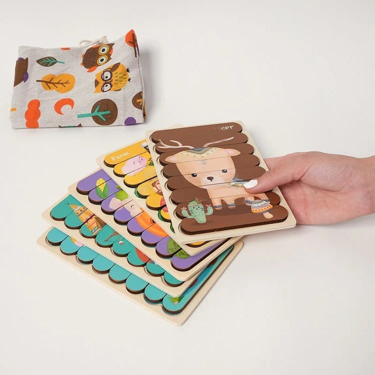 Dubbelzijdige Montessori-houten puzzels – los of 5-delige set