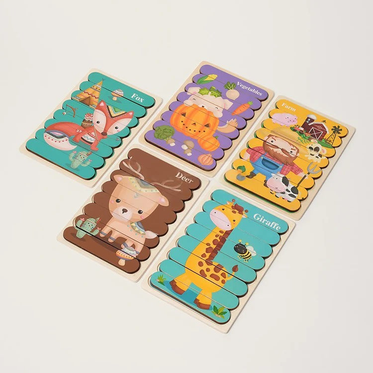 Dubbelzijdige Montessori-houten puzzels – los of 5-delige set
