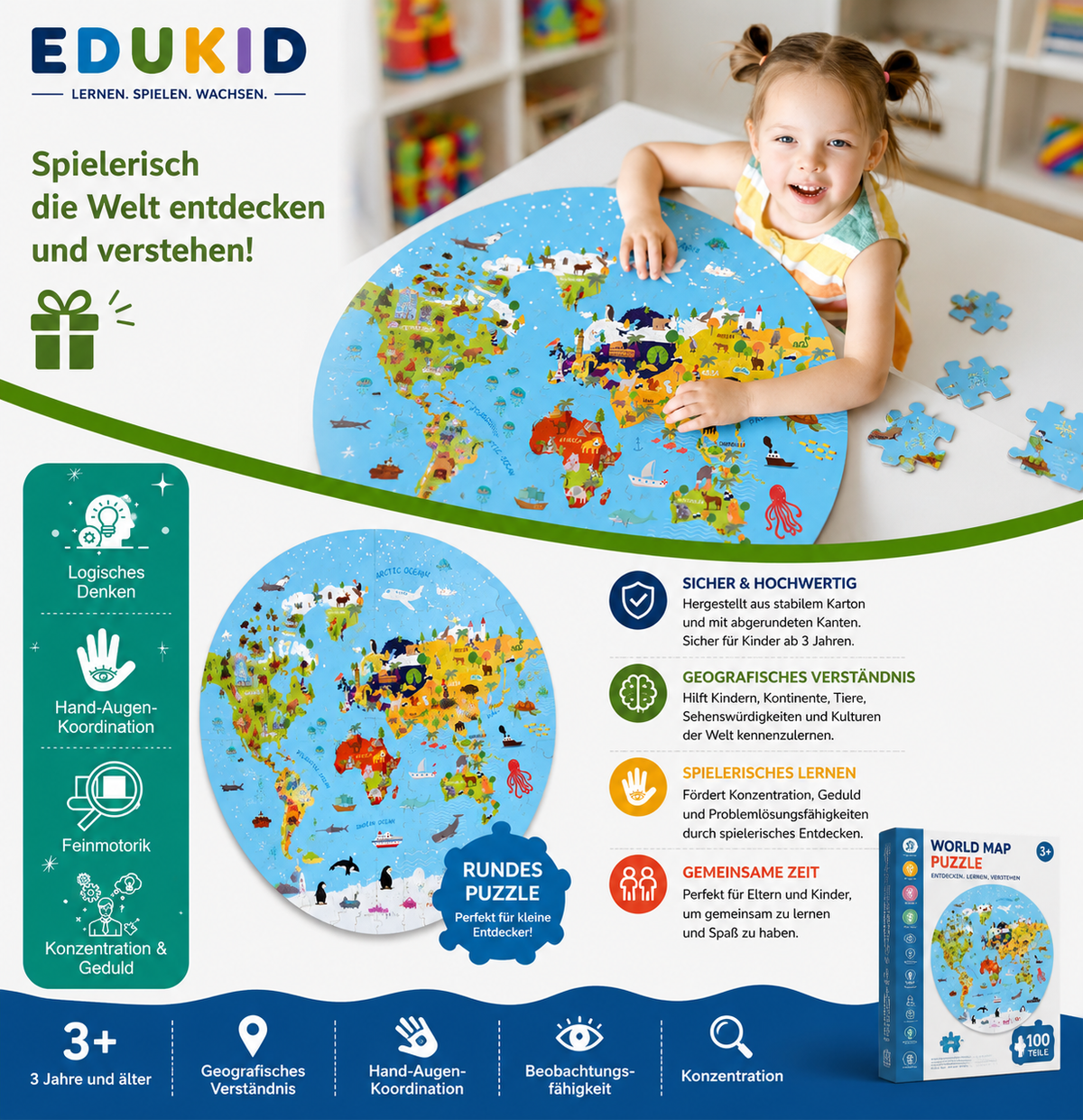 Wereldkaartpuzzel met dieren – 70 stukjes