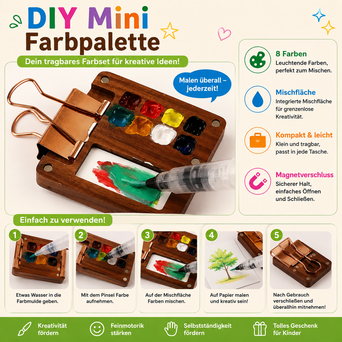 Draagbare houten aquarelset