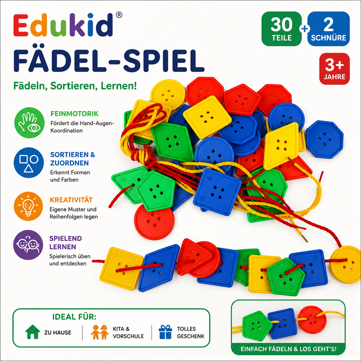 Montessori-rijgspel met vormen & kleuren