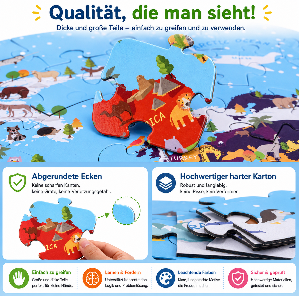 Wereldkaartpuzzel met dieren – 70 stukjes