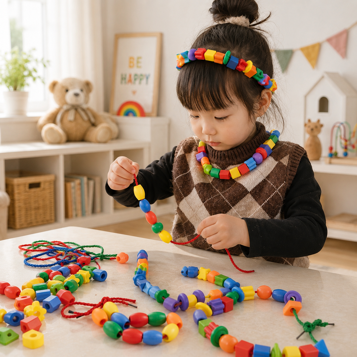 Montessori-rijgspel met houten kralen