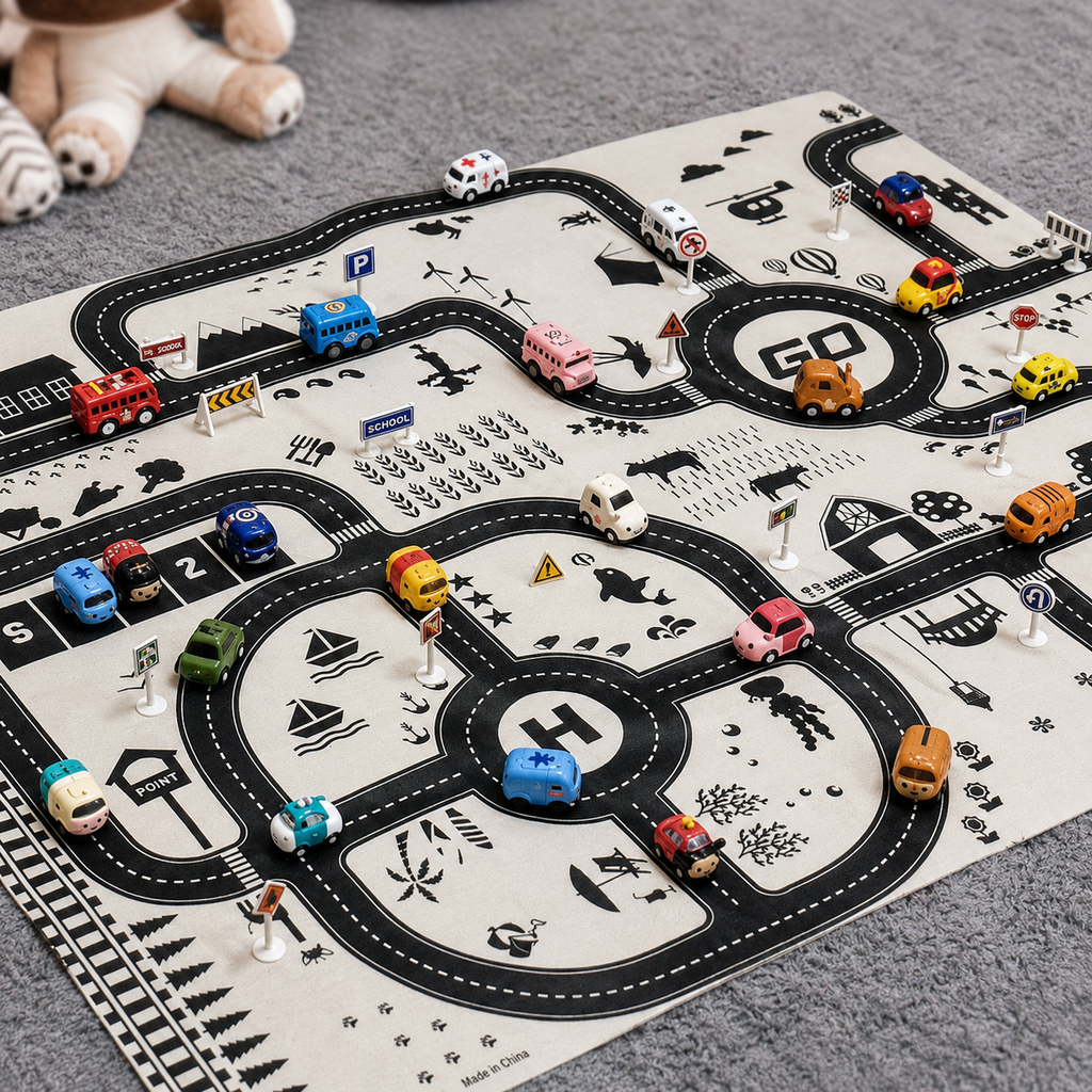 Montessori-verkeersspeelmat met auto's