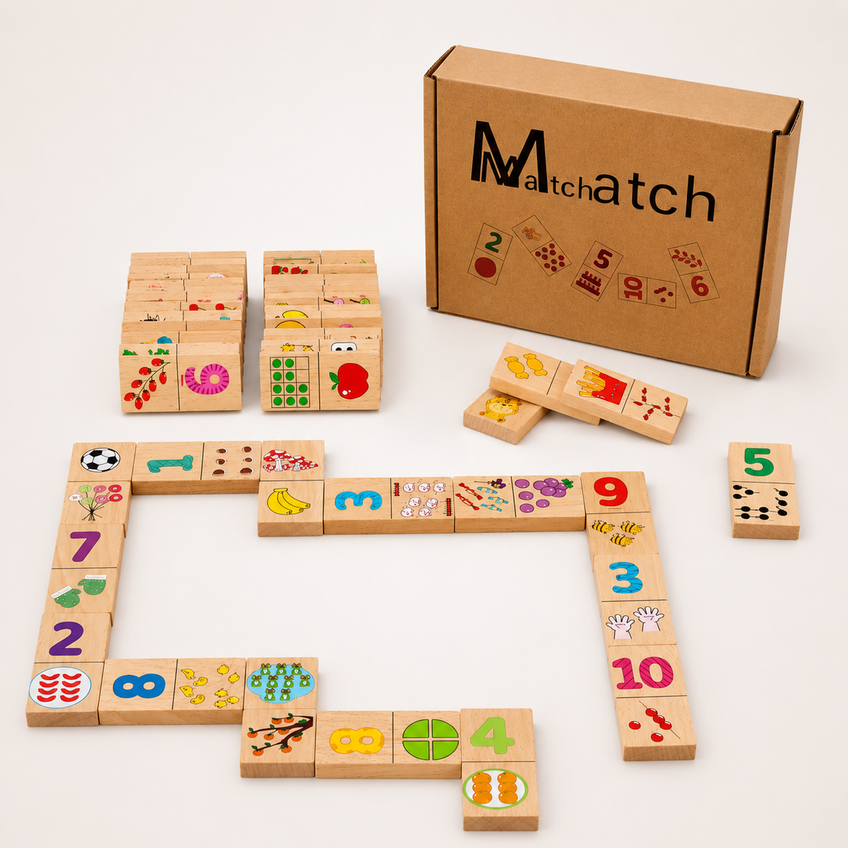 Houten leerdomino met cijfers & motieven