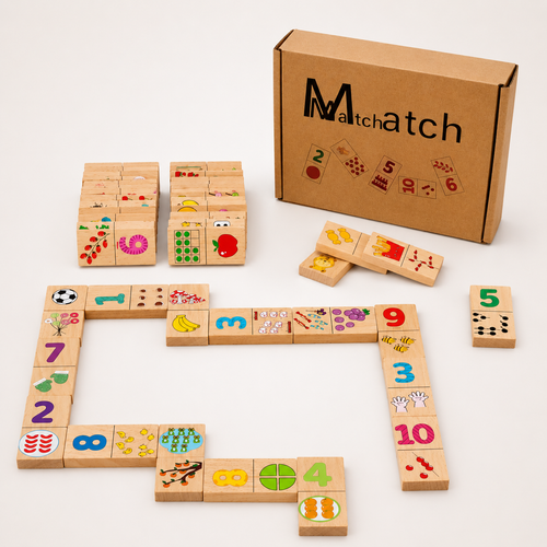 Houten leerdomino met cijfers & motieven