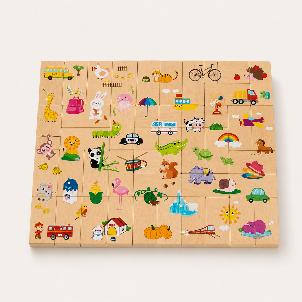 Houten leerdomino met cijfers & motieven