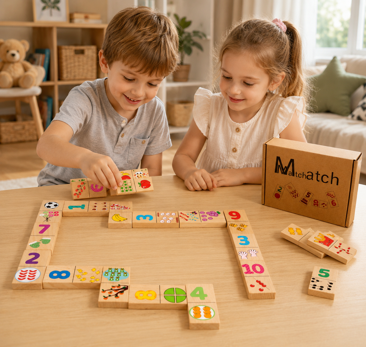 Houten leerdomino met cijfers & motieven