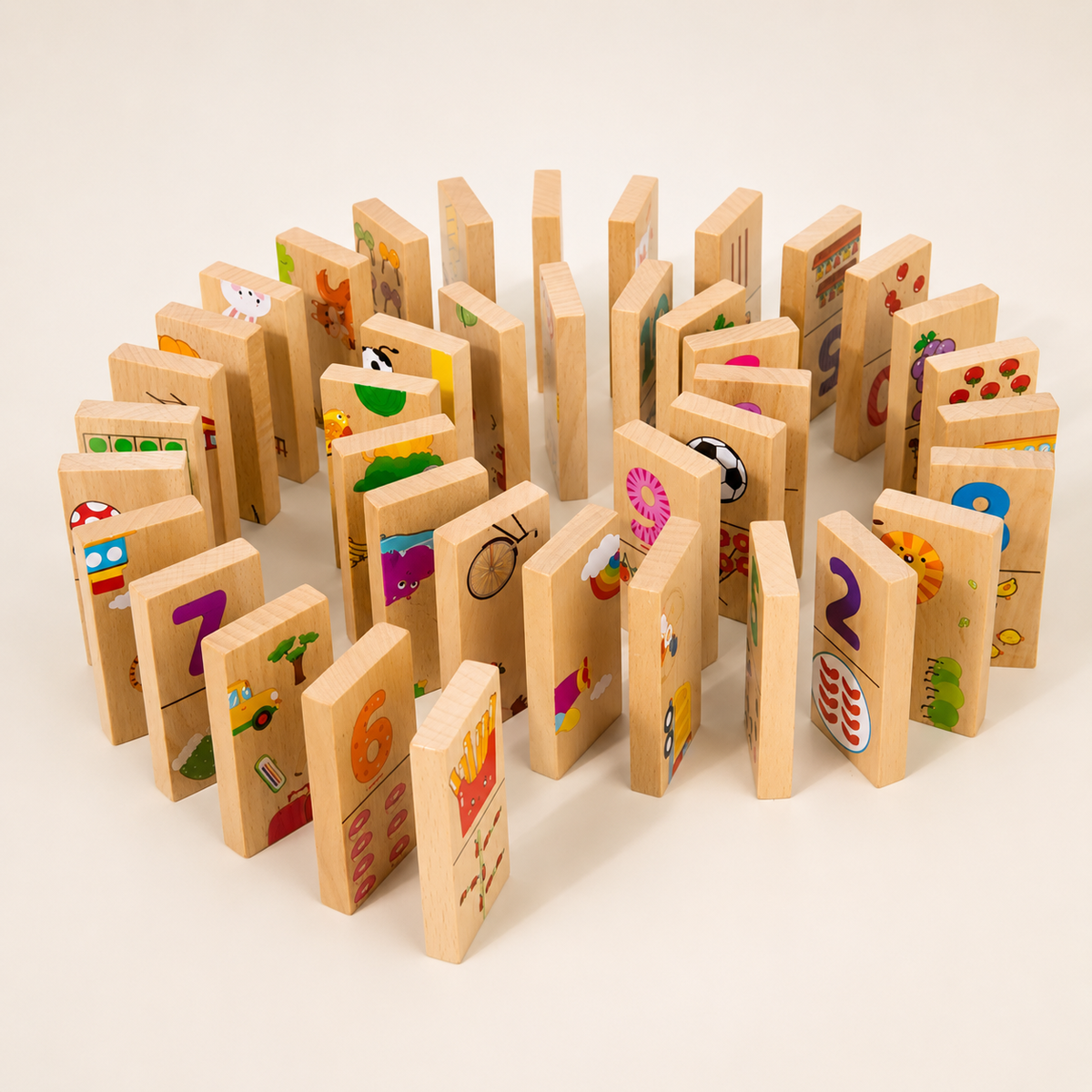 Houten leerdomino met cijfers & motieven