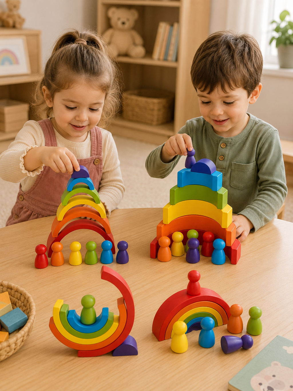 Montessori-houten regenboog met figuren
