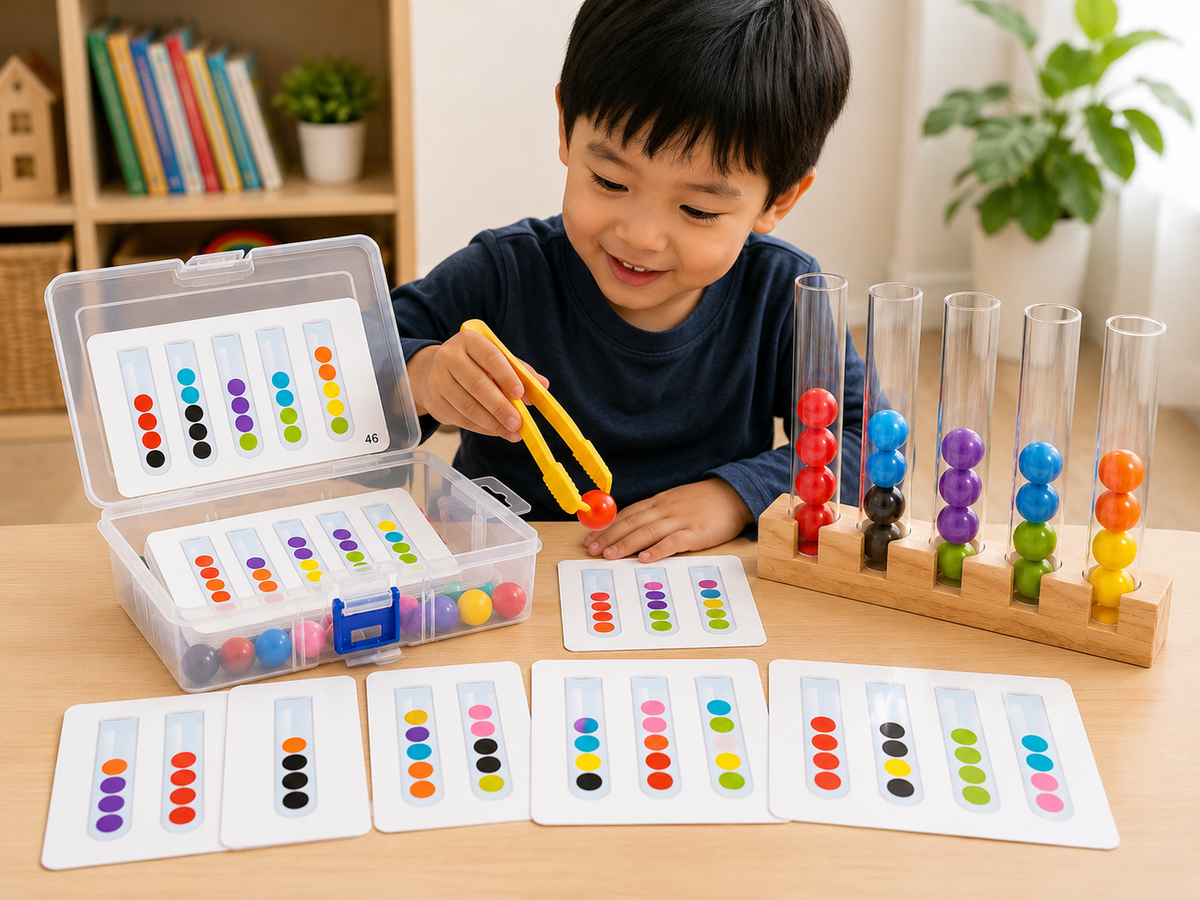 Montessori-kleursorteerspel met pincet