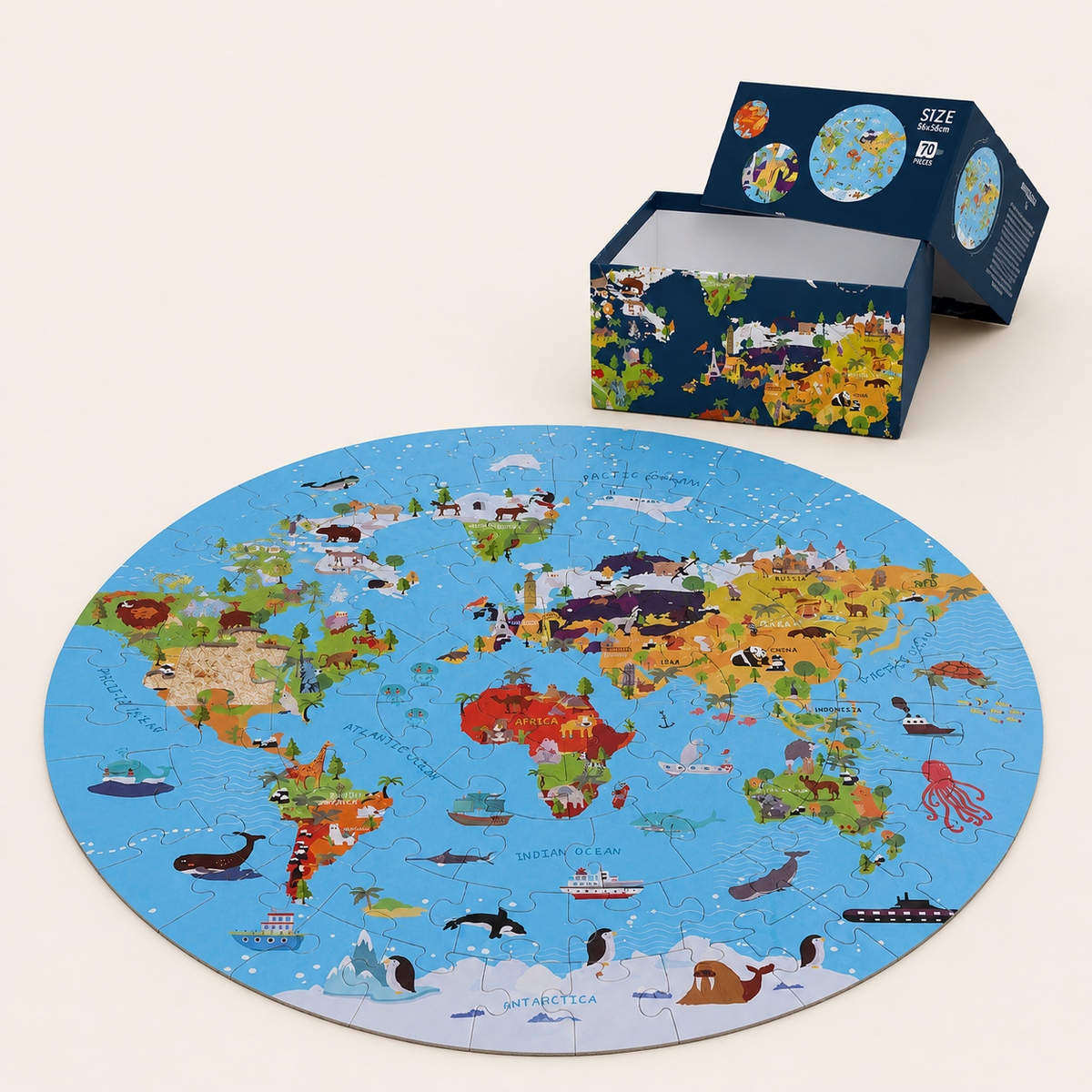 Wereldkaartpuzzel met dieren – 70 stukjes
