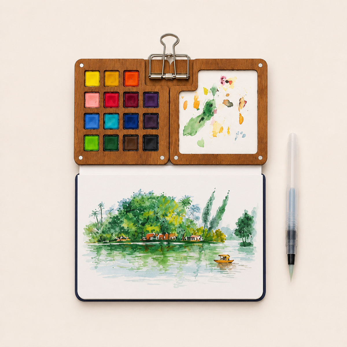 Draagbare houten aquarelset