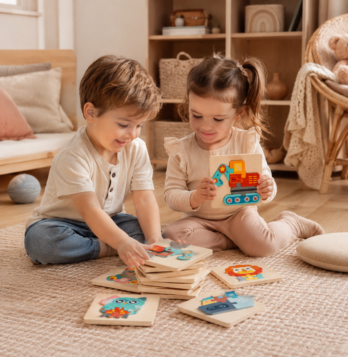 Montessori 3D-houten puzzel met dieren & voertuigen