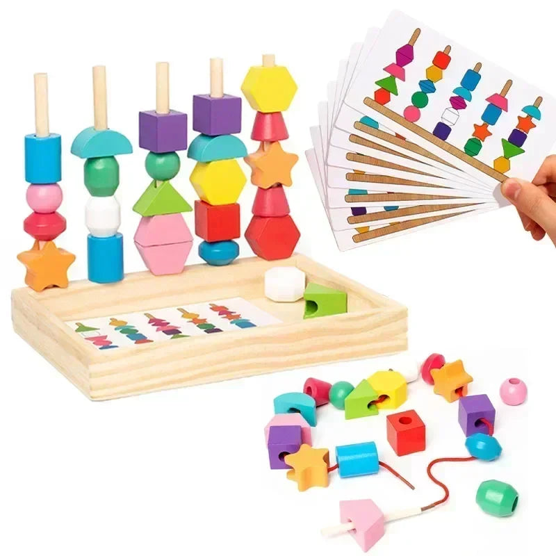 Montessori-kralenstapelspel met voorbeeldkaarten