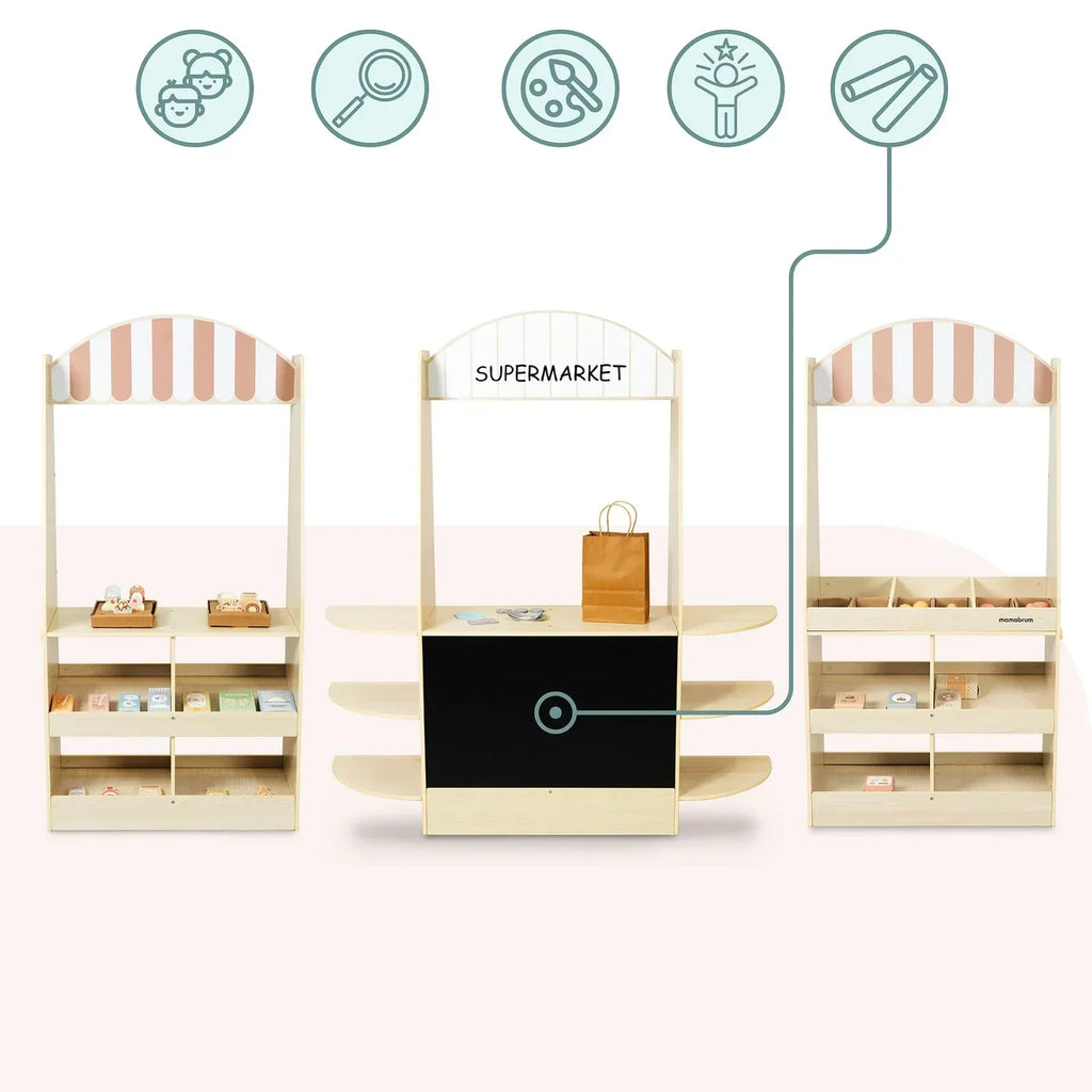 Montessori-marktkraam met producten & speelgeld