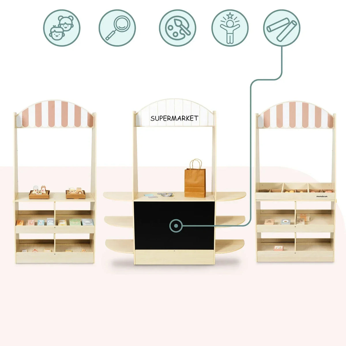Montessori-marktkraam met producten & speelgeld