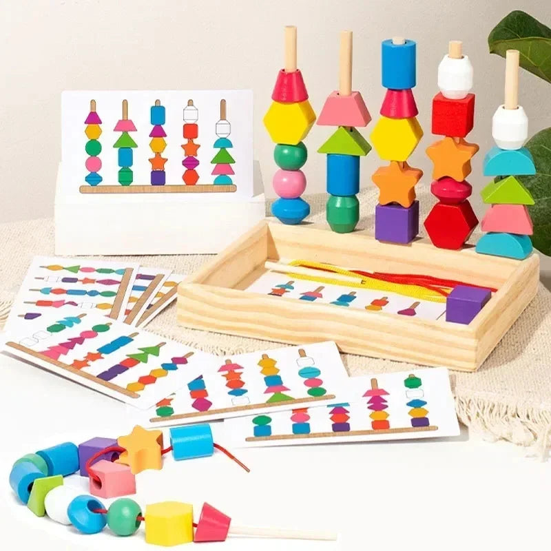 Montessori-kralenstapelspel met voorbeeldkaarten