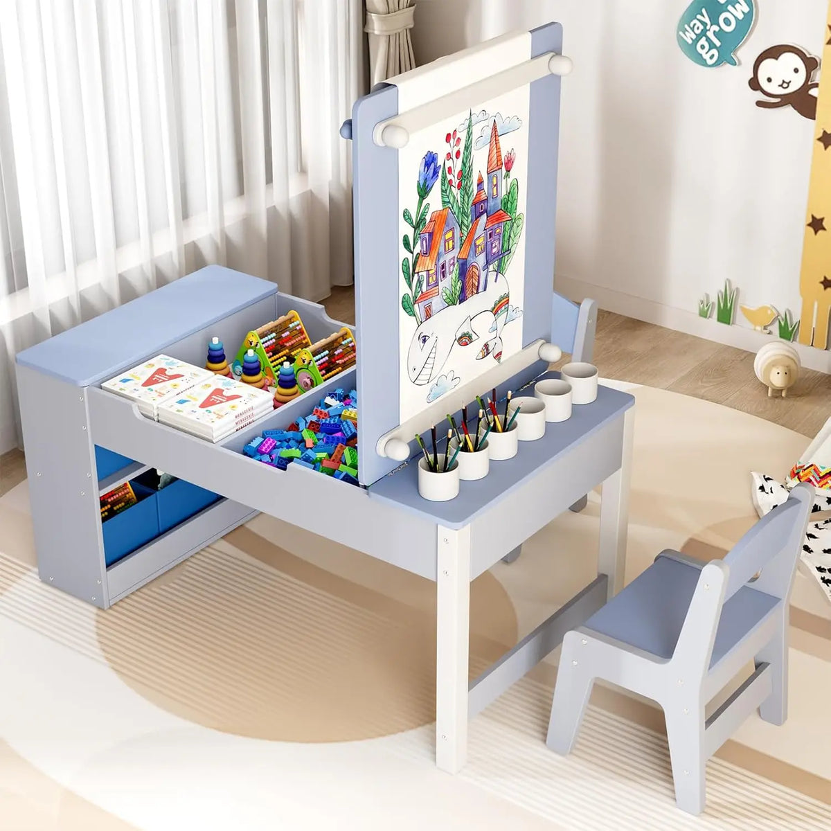 Montessori-activiteitentafel met tekenbord