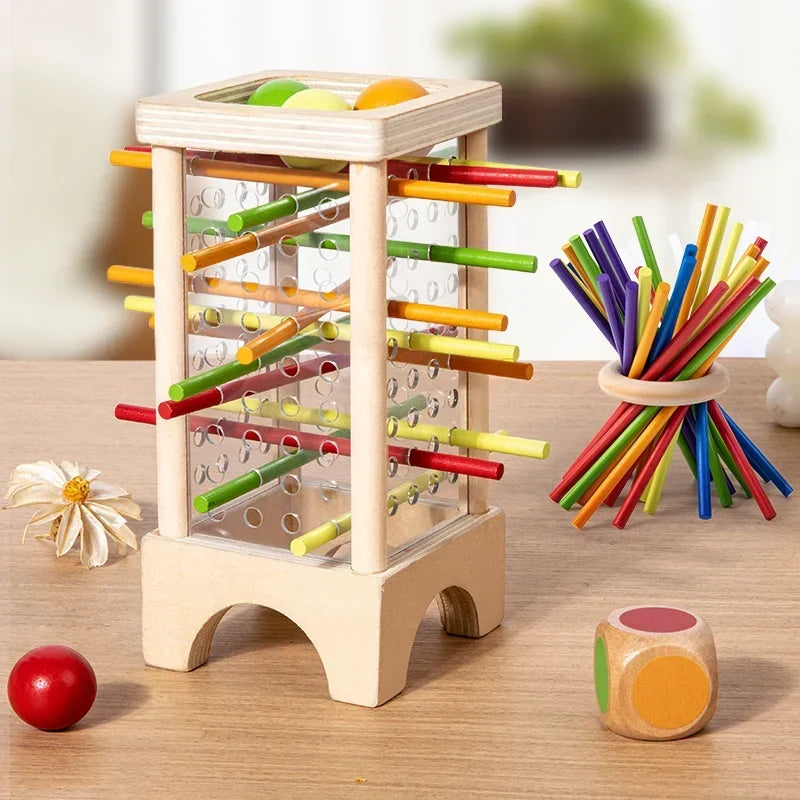 Montessori-kogeltoren met gekleurde staafjes