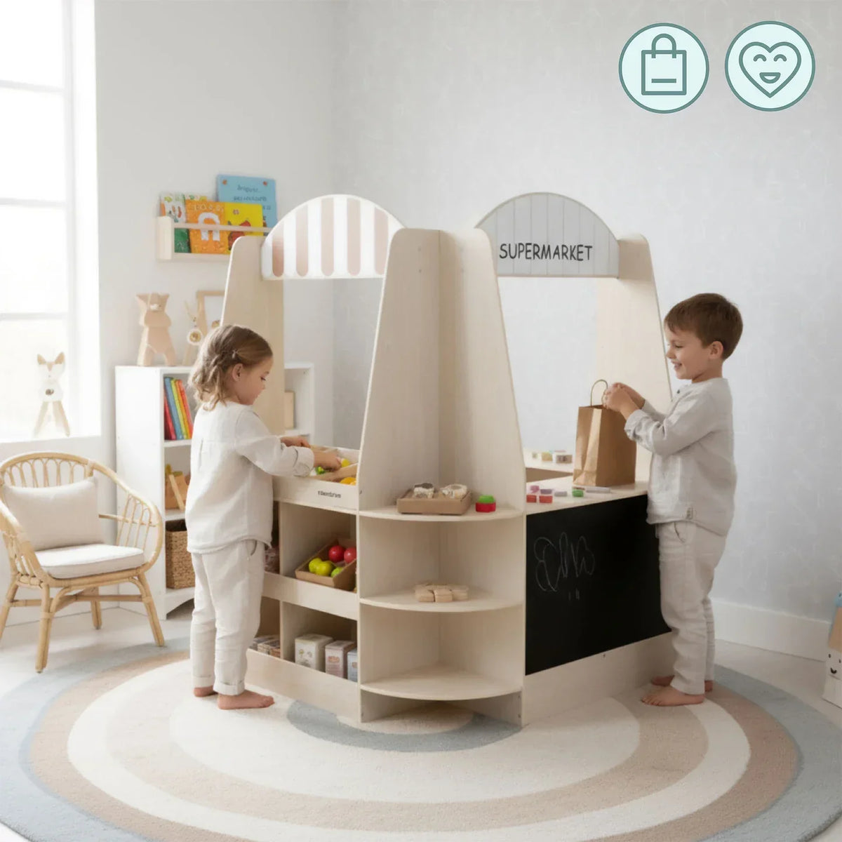 Montessori-marktkraam met producten & speelgeld