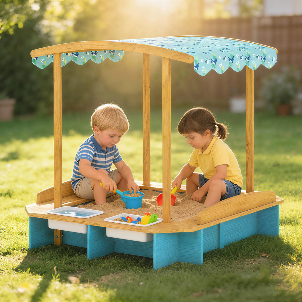 Montessori-zandbak met dak & watergedeelte