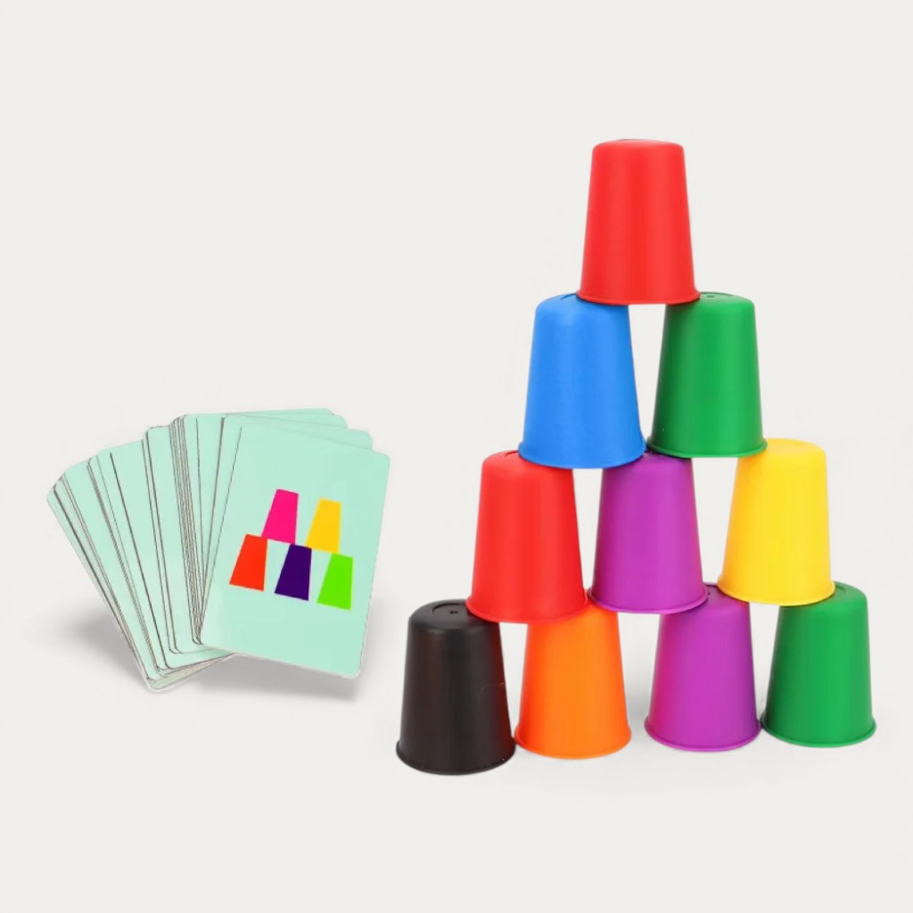 Montessori-bekersorteerspel met voorbeeldkaarten