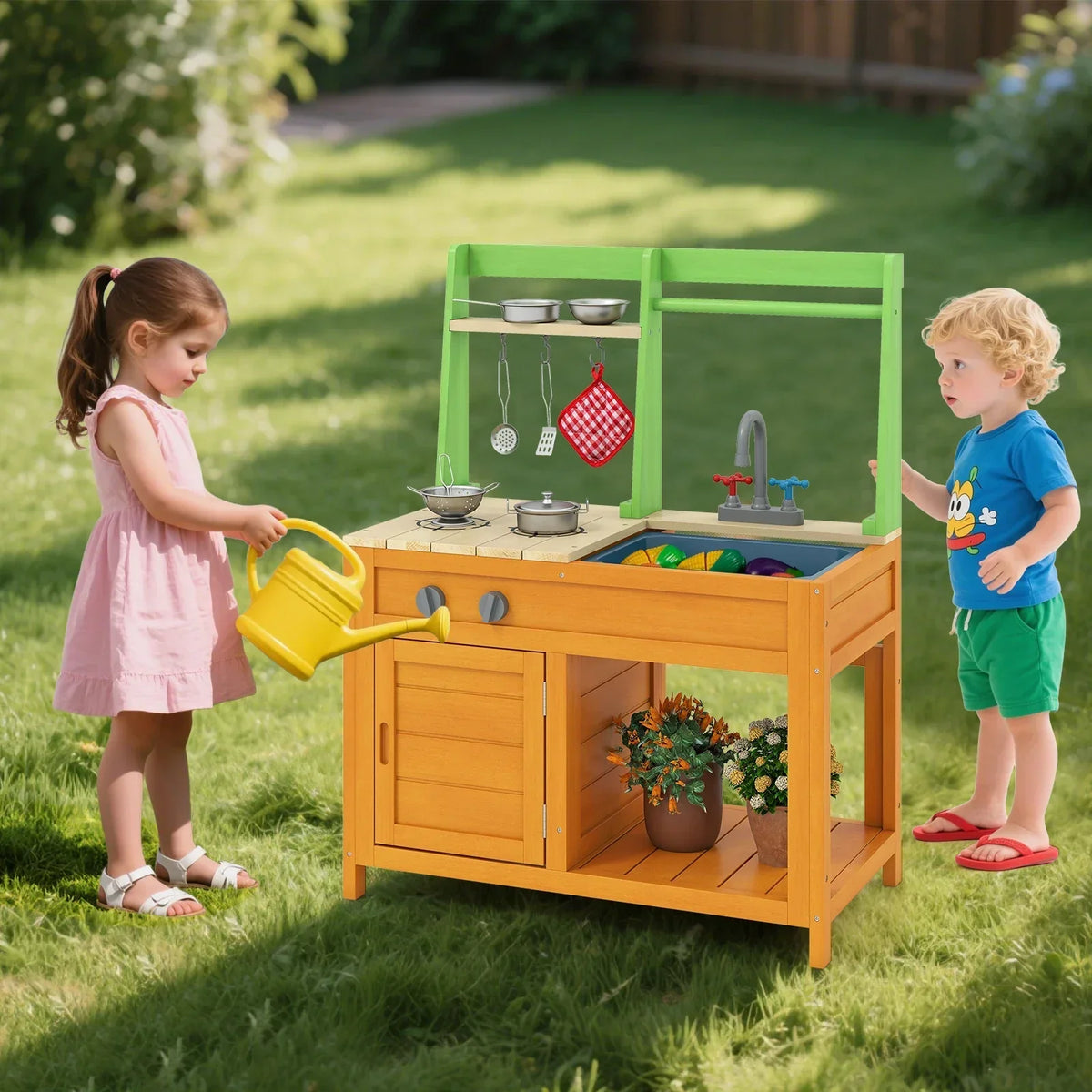 Montessori-buitenkeuken met plantgedeelte