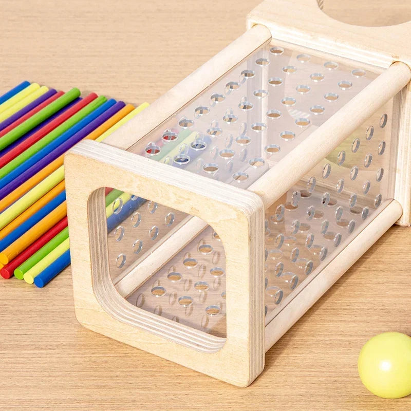 Montessori-kogeltoren met gekleurde staafjes